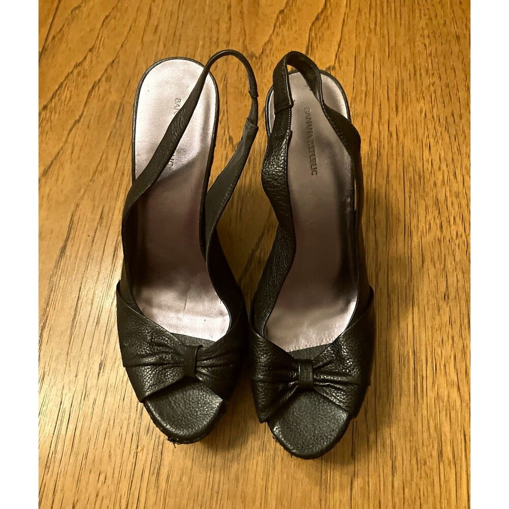 Banana Republic Black Leather Slingback Wedge Heel Open Toe Bow Slip On 9